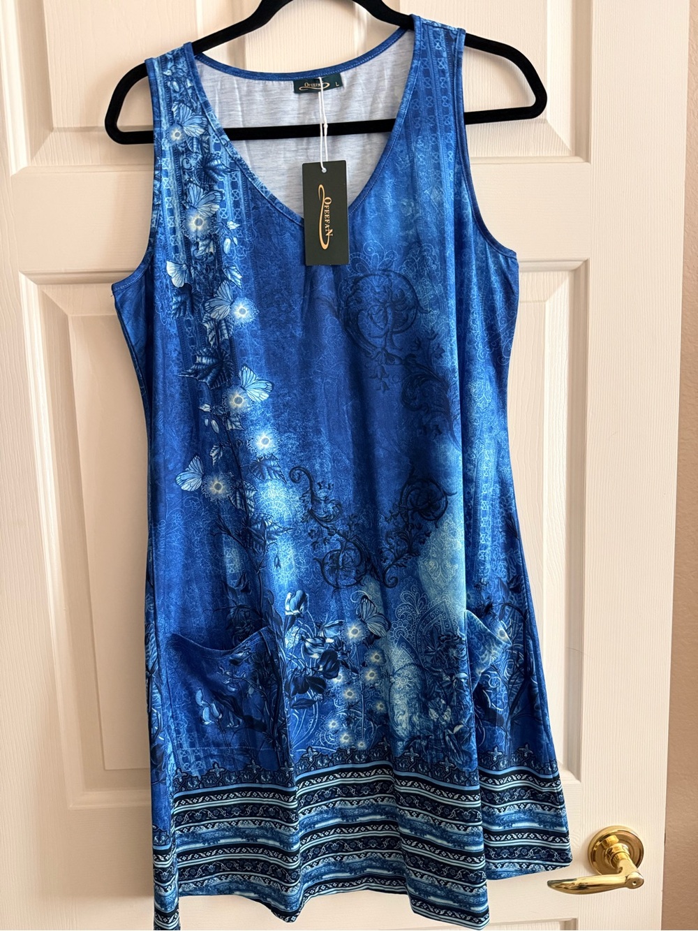 Ofeefan Mini Dress Large Blue Sleeveless Floral V-Neck Tunic With Pockets